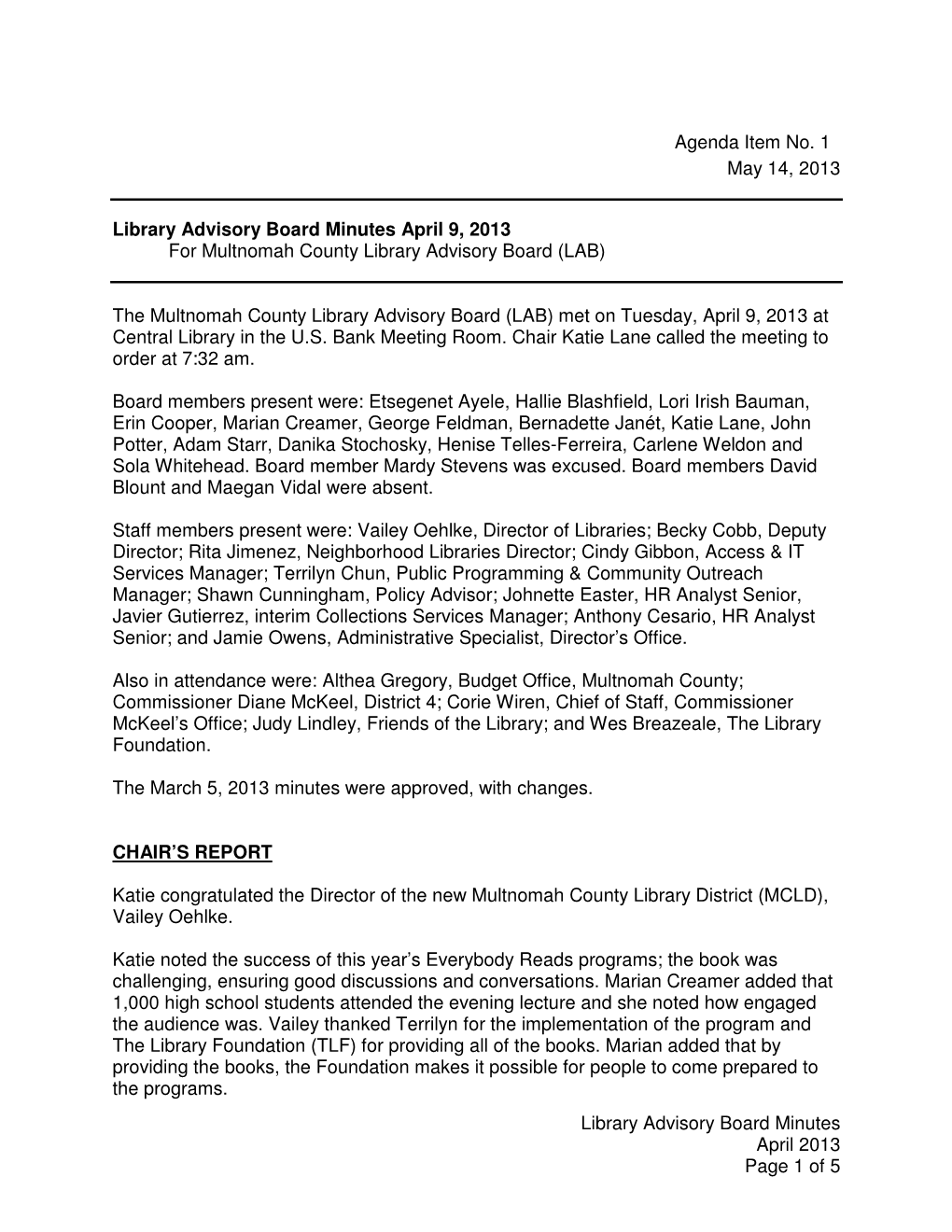 Minutes April 9, 2013 for Multnomah County Library Advisory Board (LAB)