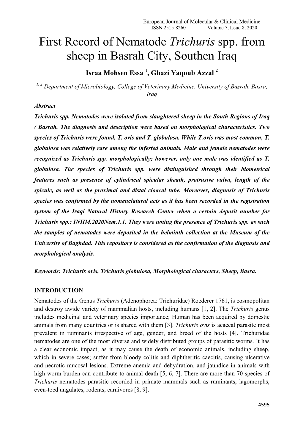 First Record of Nematode Trichuris Spp. from Sheep in Basrah City, Southen Iraq Israa Mohsen Essa 1, Ghazi Yaqoub Azzal 2