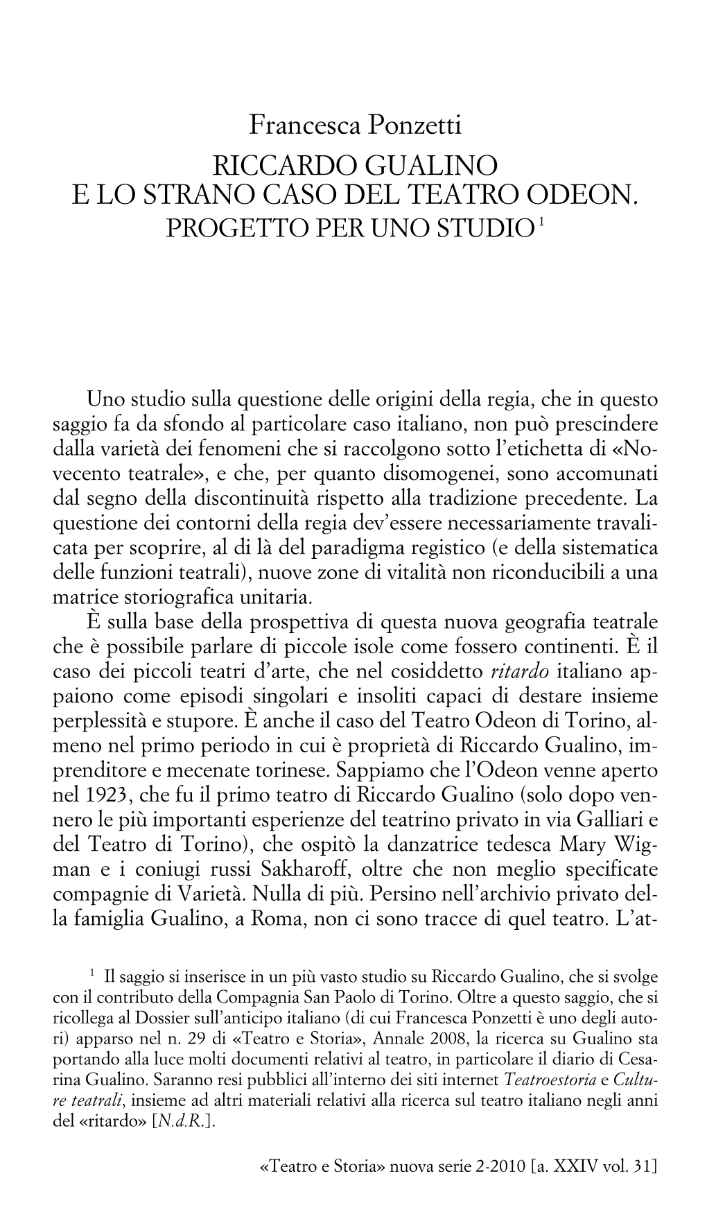 Francesca Ponzetti RICCARDO GUALINO E LO STRANO CASO DEL TEATRO ODEON. PROGETTO PER UNO STUDIO 1