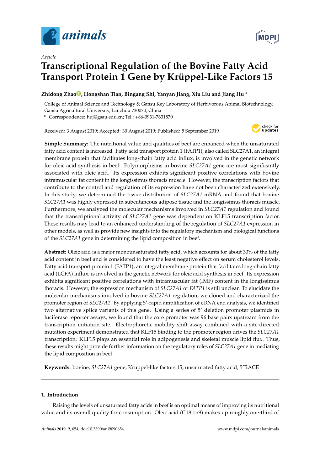 Transcriptional Regulation of the Bovine Fatty Acid Transport Protein 1 Gene by Krüppel-Like Factors 15