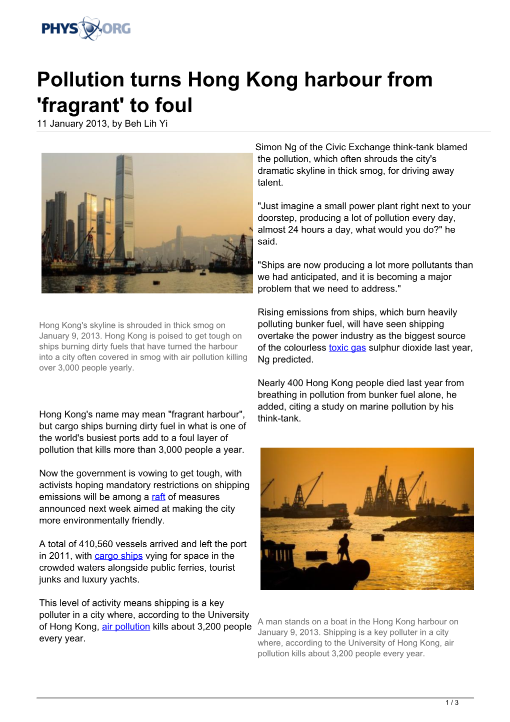Pollution Turns Hong Kong Harbour from 'Fragrant' to Foul 11 January 2013, by Beh Lih Yi