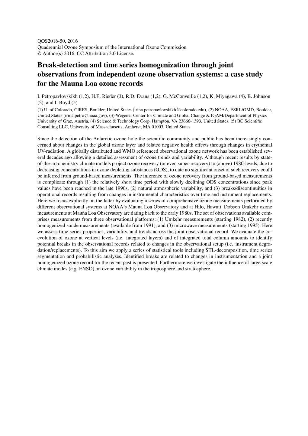 QOS2016-50, 2016 Quadrennial Ozone Symposium of the International Ozone Commission © Author(S) 2016