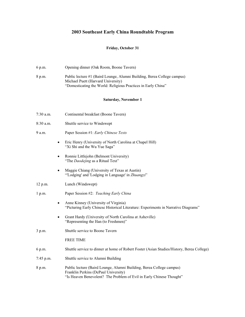 2003 Southeast Early China Roundtable Program