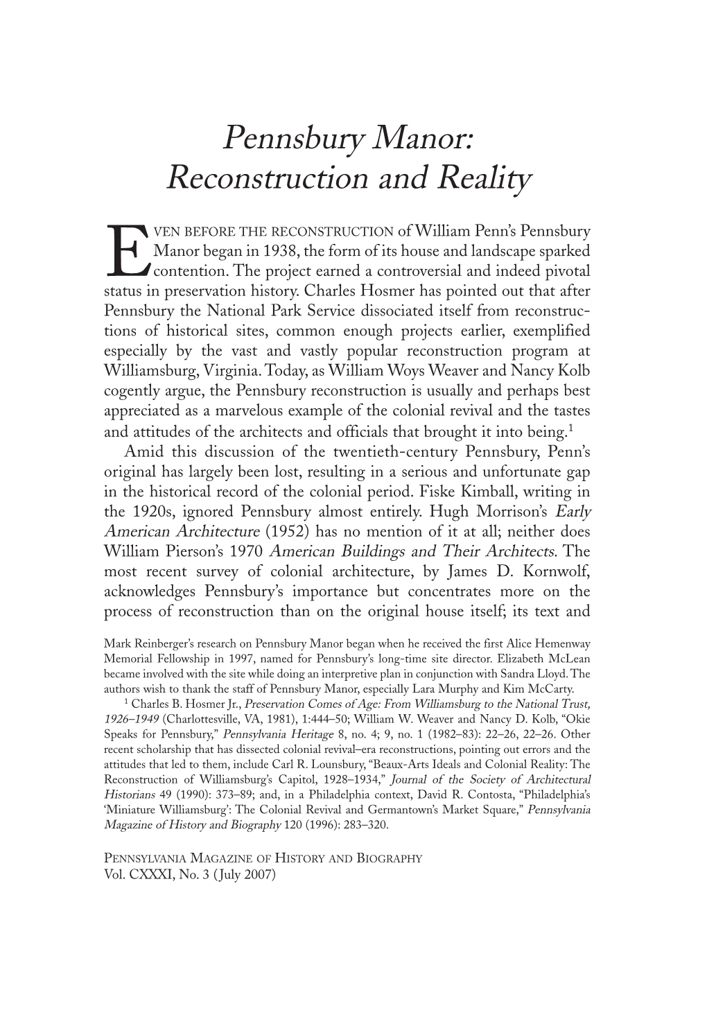Pennsbury Manor: Reconstruction and Reality