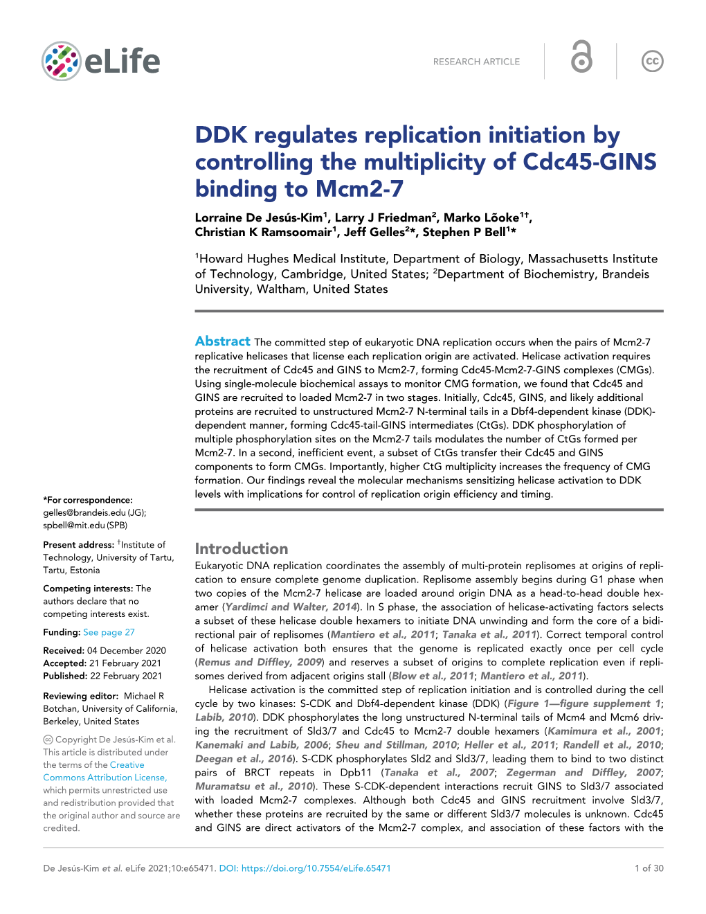 DDK Regulates Replication Initiation by Controlling the Multiplicity of Cdc45-GINS Binding to Mcm2-7