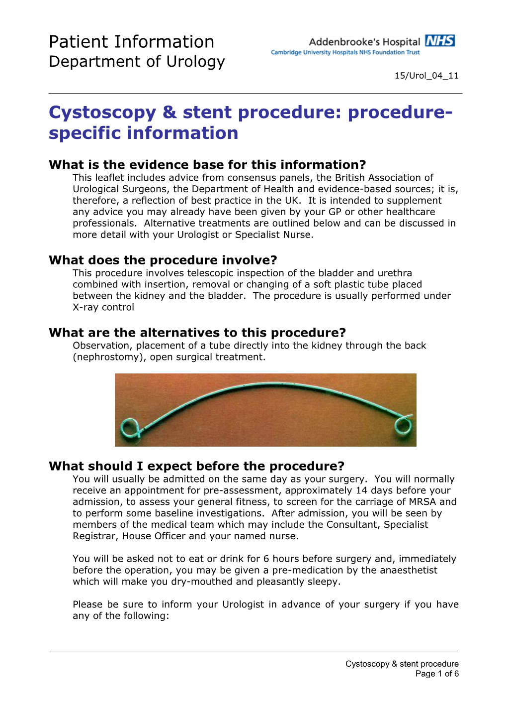 Patient Information Cystoscopy & Stent Procedure