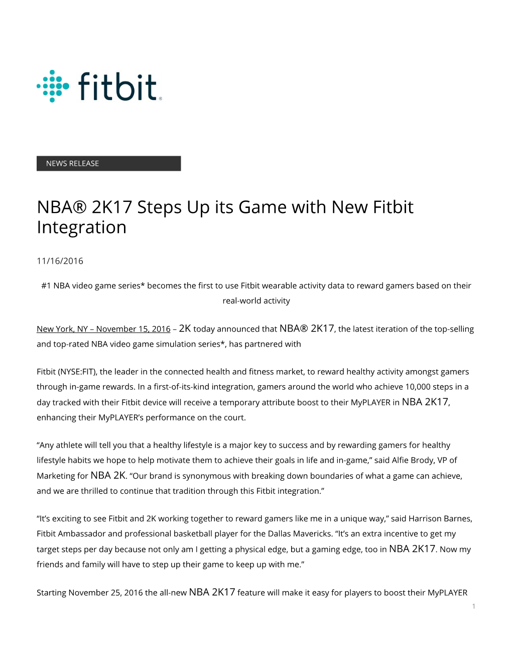 NBA® 2K17 Steps up Its Game with New Fitbit Integration