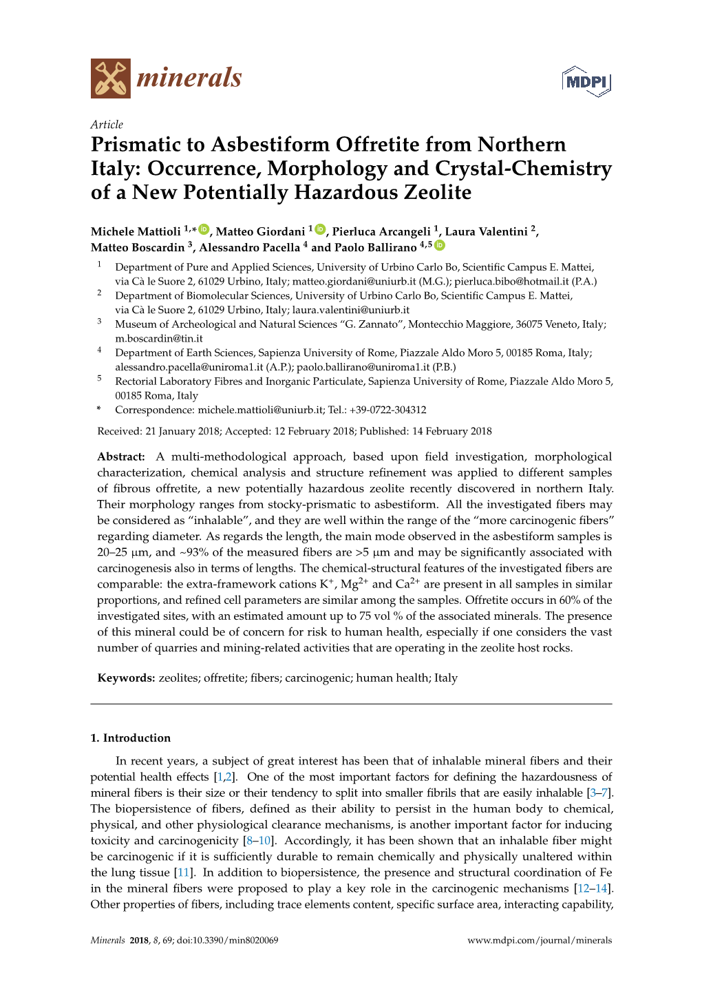 Prismatic to Asbestiform Offretite from Northern Italy: Occurrence, Morphology and Crystal-Chemistry of a New Potentially Hazardous Zeolite