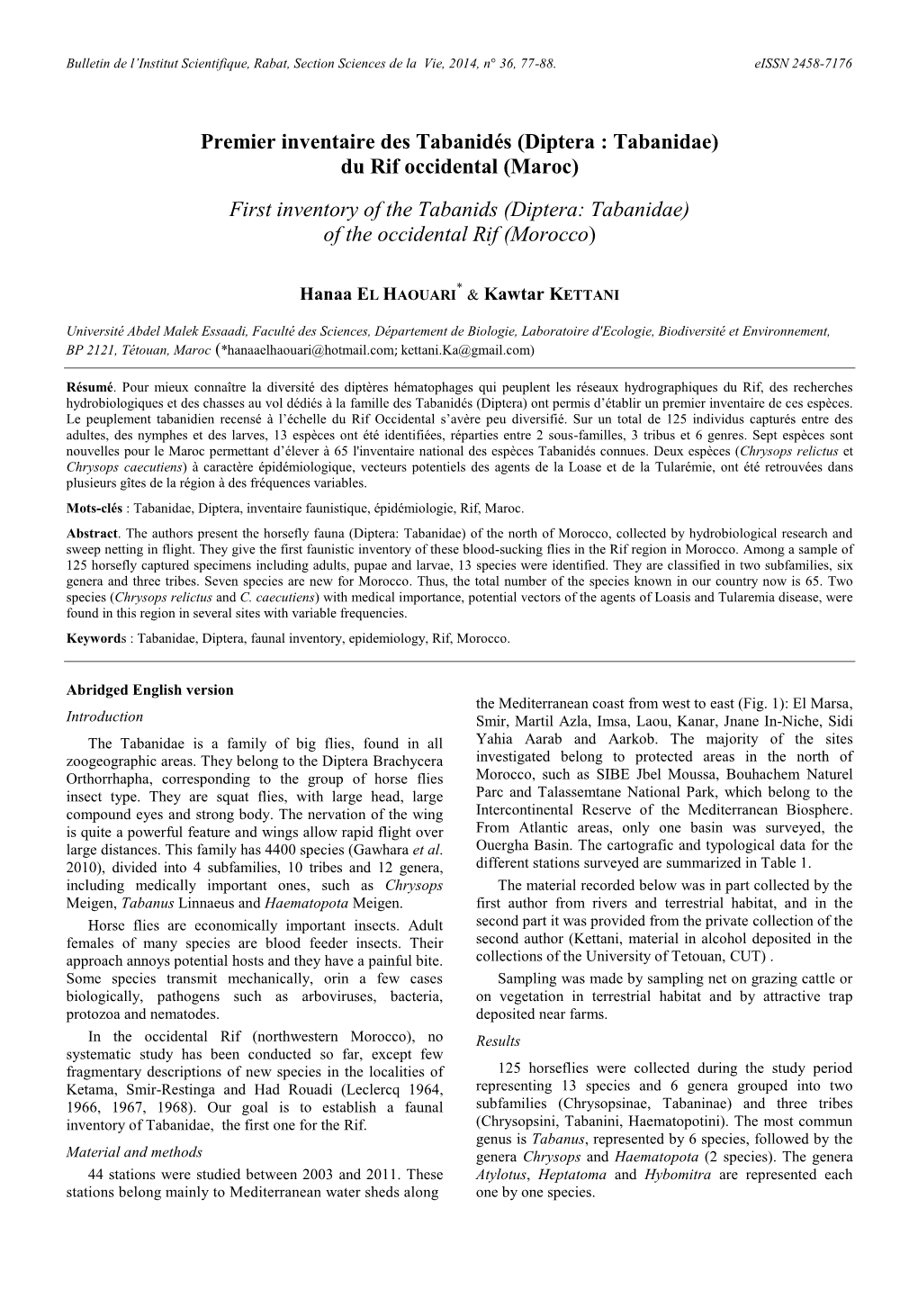 Premier Inventaire Des Tabanidés (Diptera : Tabanidae) Du Rif Occidental (Maroc) First Inventory of the Tabanids (Diptera: Tabanidae) of the Occidental Rif (Morocco)