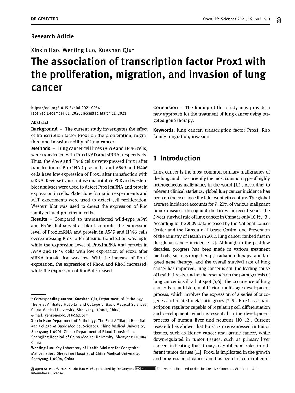 The Association of Transcription Factor Prox1 with the Proliferation, Migration, and Invasion of Lung Cancer