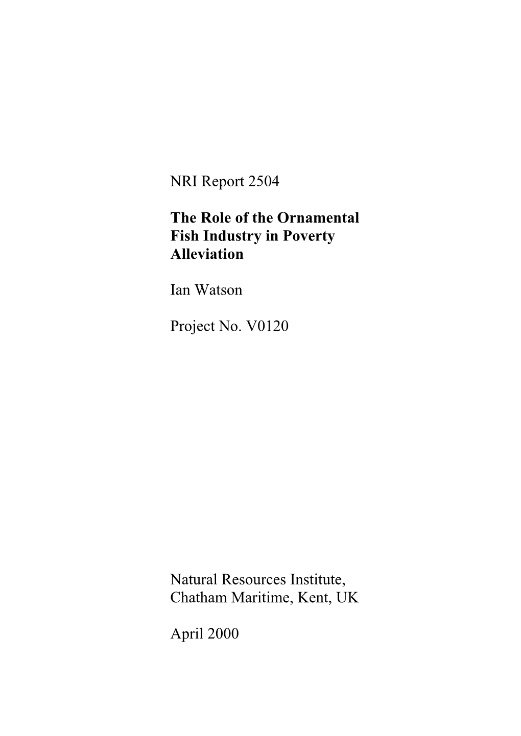 NRI Report 2504 the Role of the Ornamental Fish Industry in Poverty