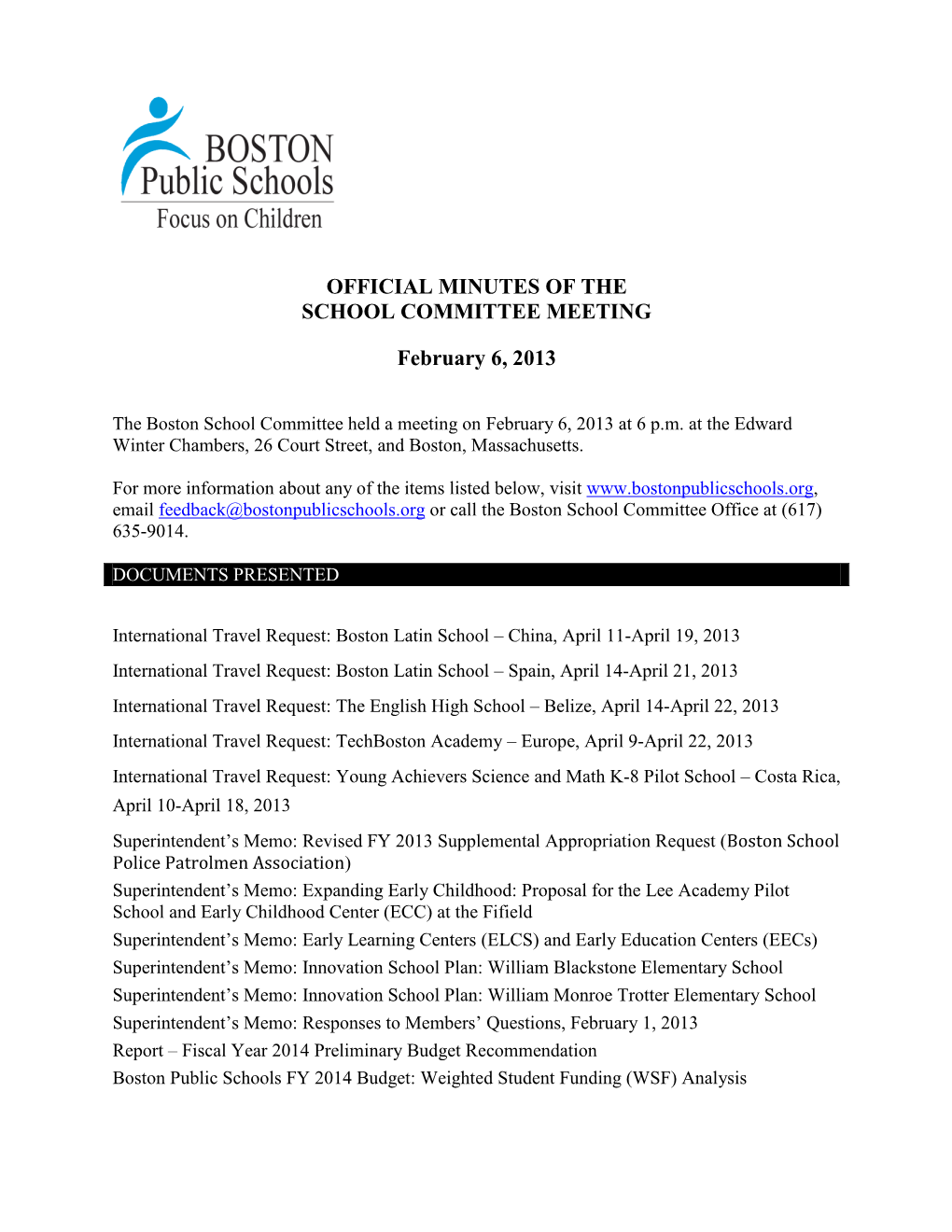 Official Minutes of the School Committee Meeting