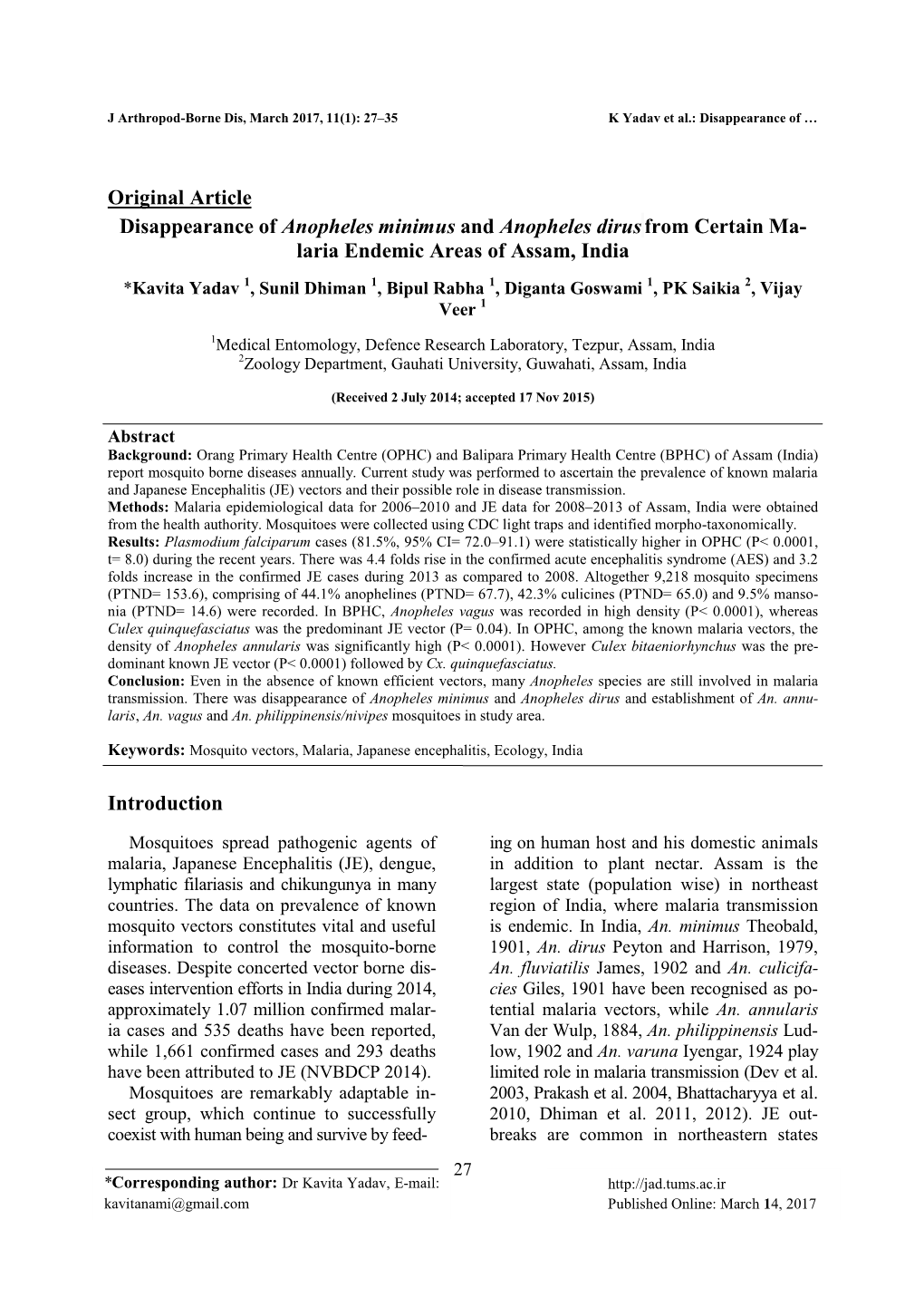 Original Article Disappearance of Anopheles Minimus and Anopheles Dirus from Certain Ma- Laria Endemic Areas of Assam, India