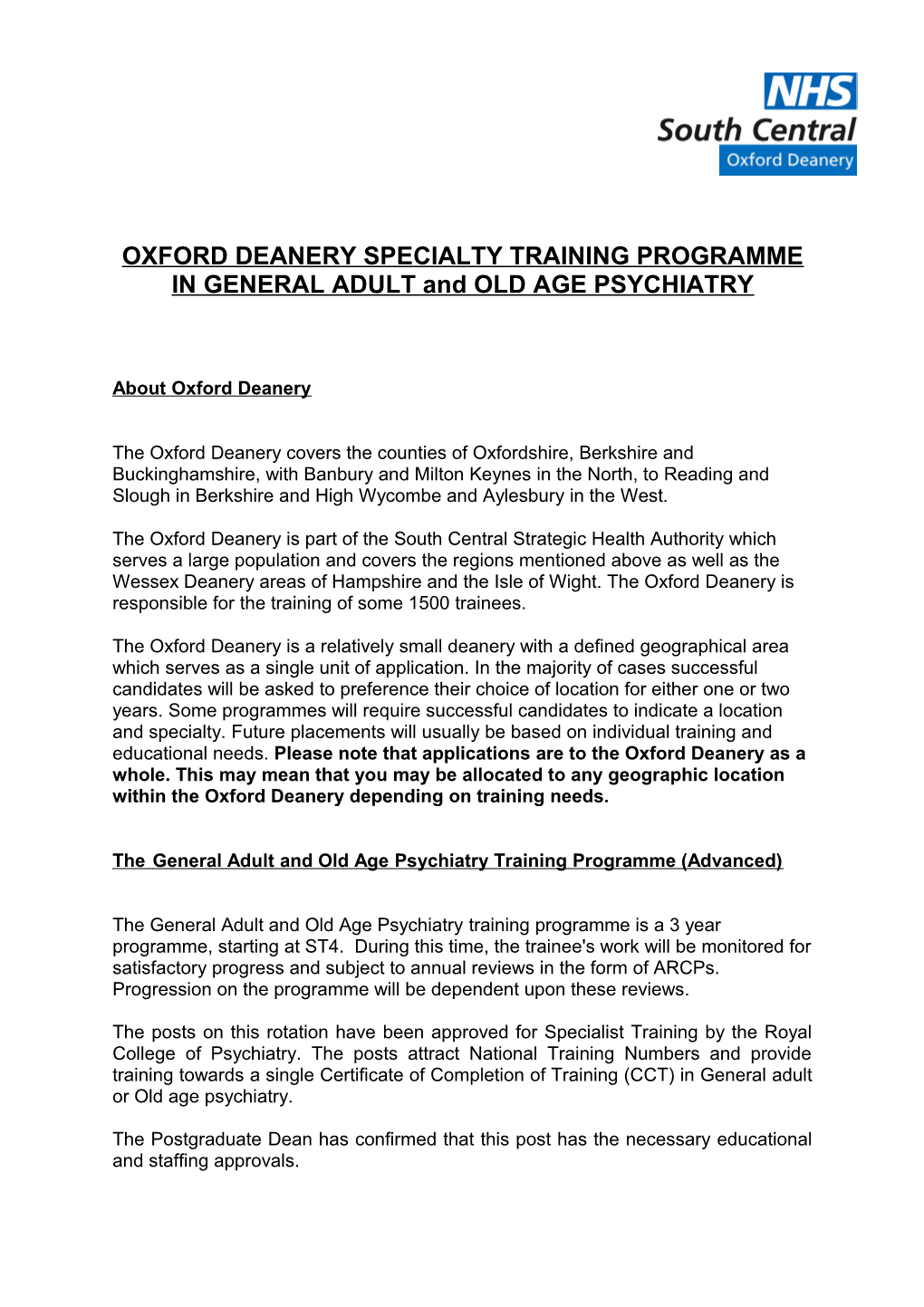 OXFORD DEANERY SPECIALTY TRAINING PROGRAMME in General Adult and Old Age Psychiatry