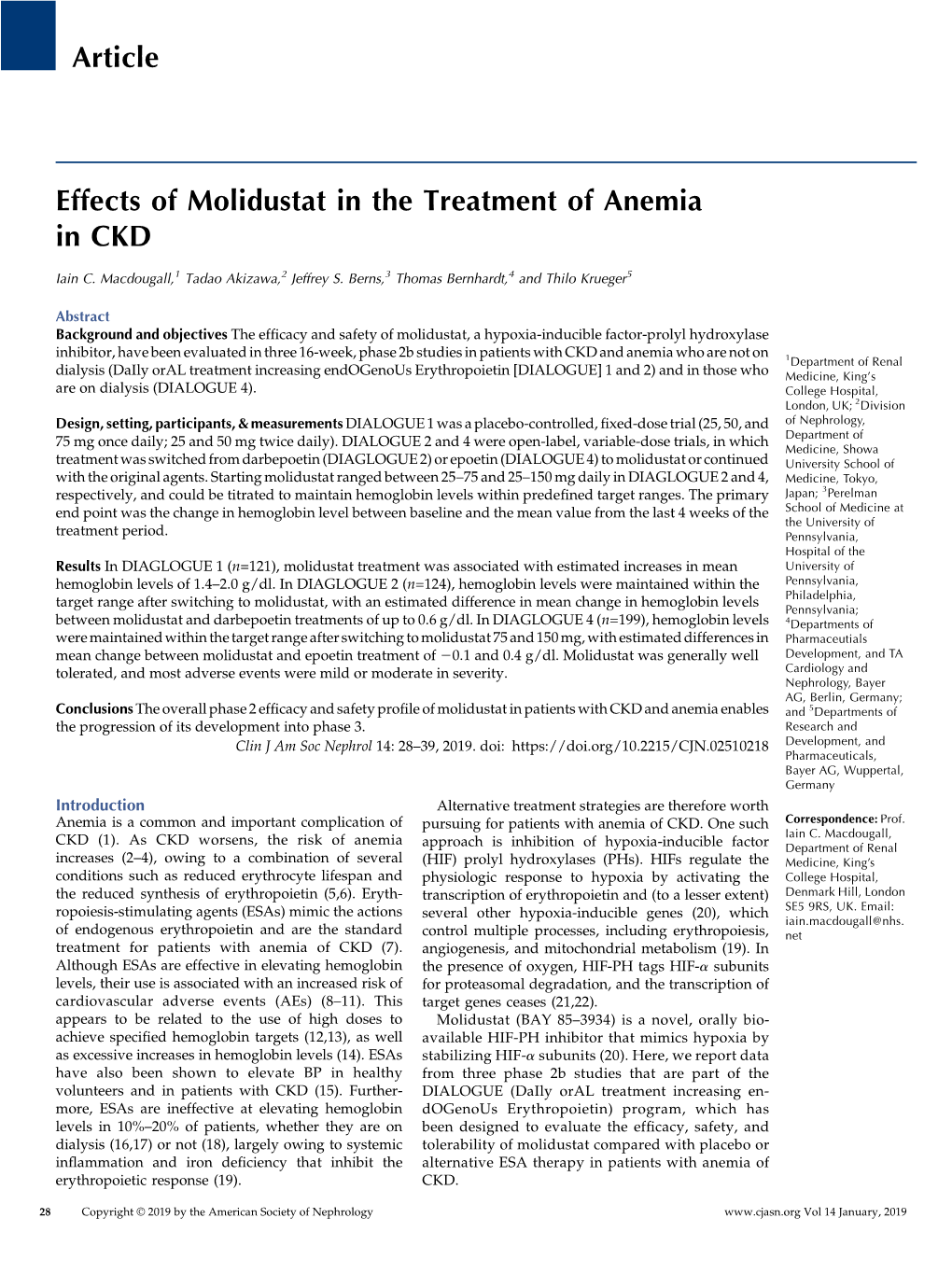 Effects of Molidustat in the Treatment of Anemia in CKD