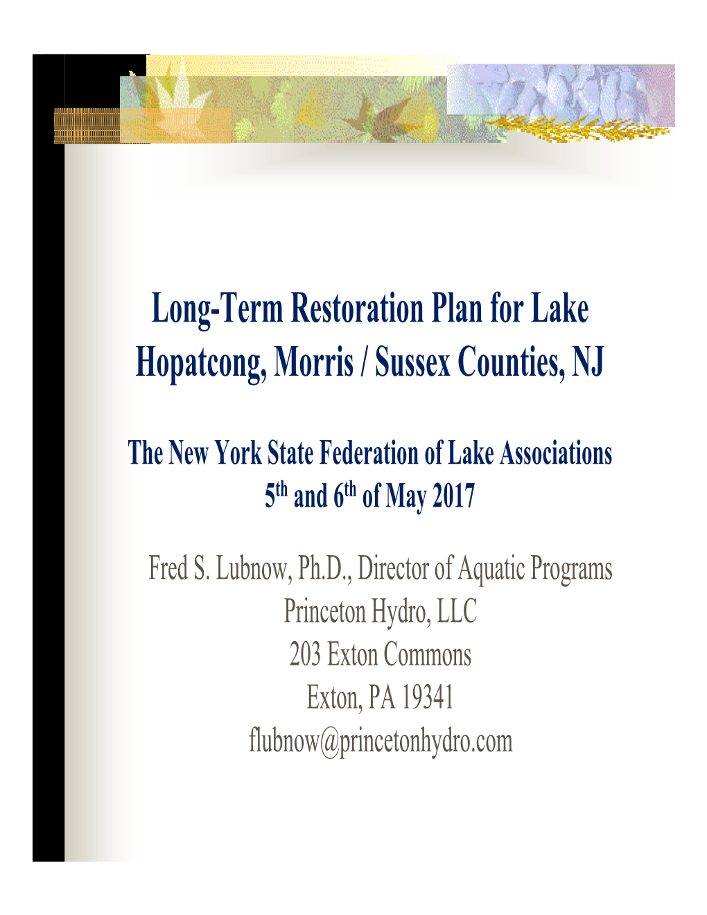 Long-Term Restoration Plan for Lake Hopatcong, Morris / Sussex Counties, NJ