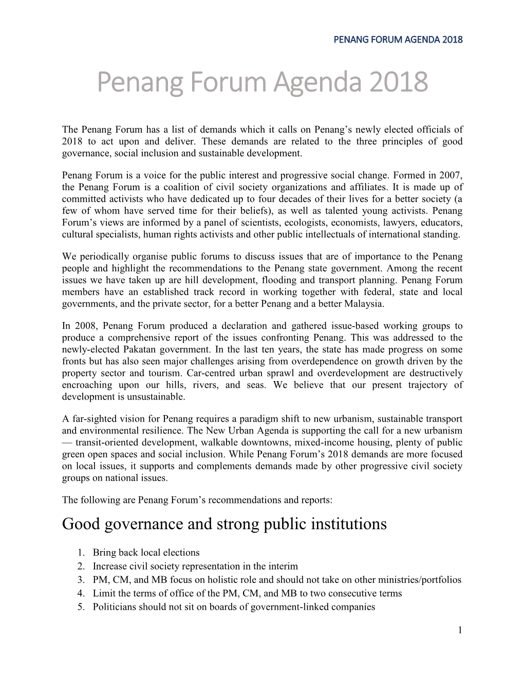 PENANG FORUM AGENDA 2018 Penang Forum Agenda 2018