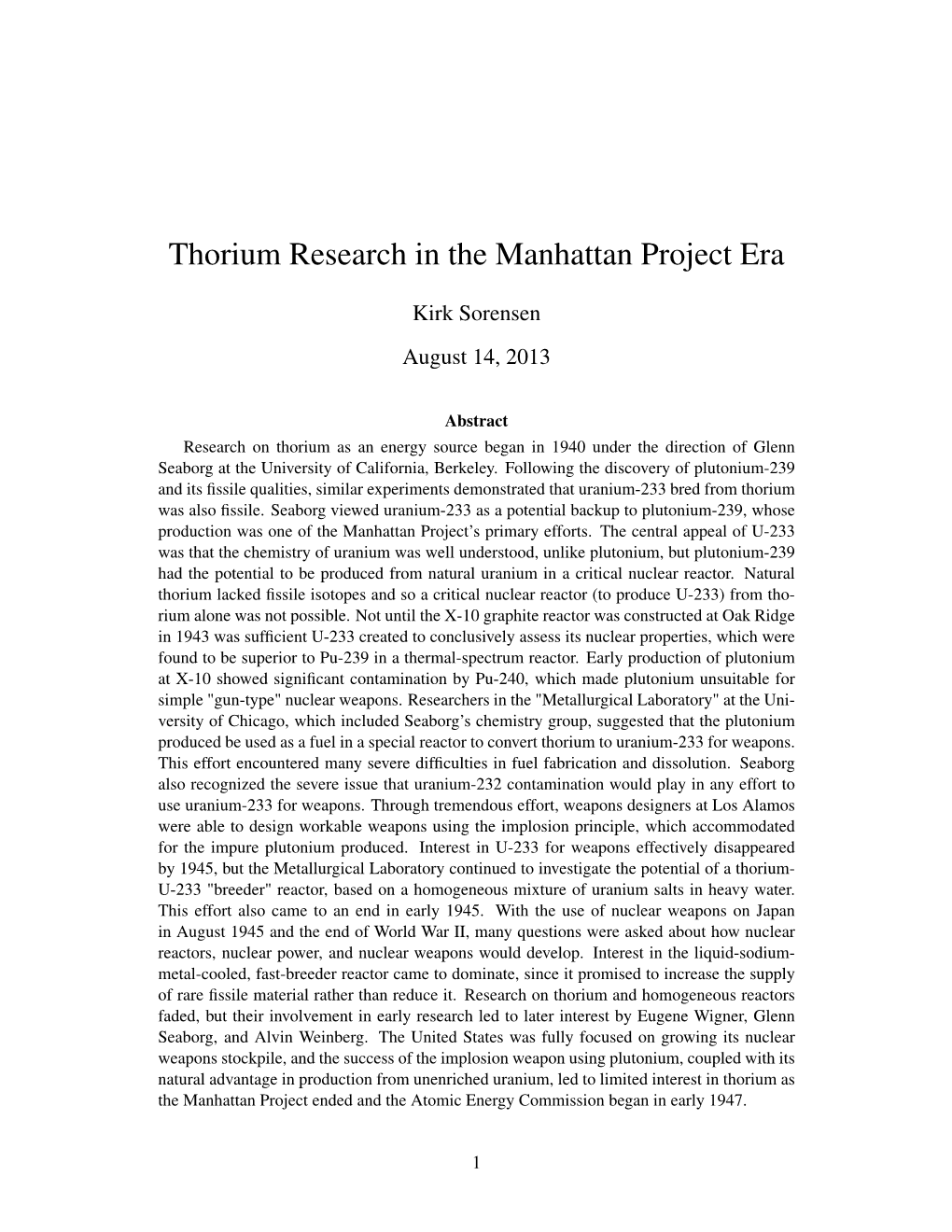 Thorium Research in the Manhattan Project Era