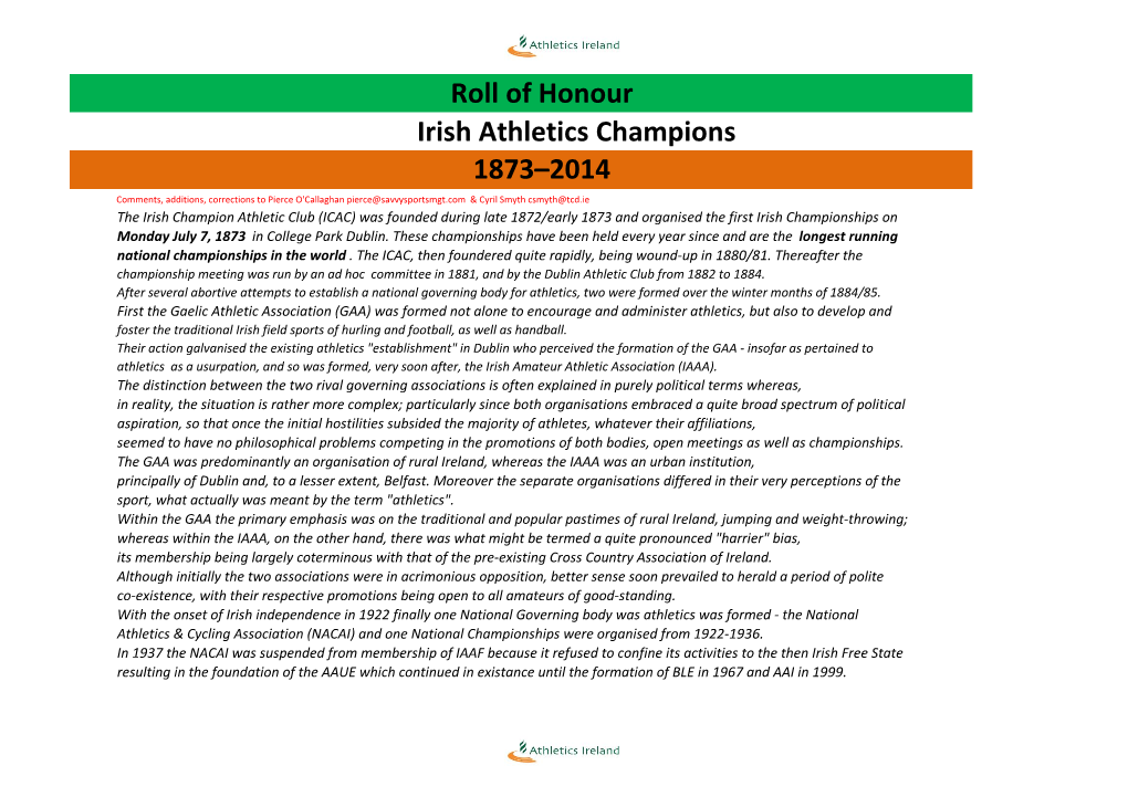 Roll of Honour Irish Athletics Champions 1873–2014