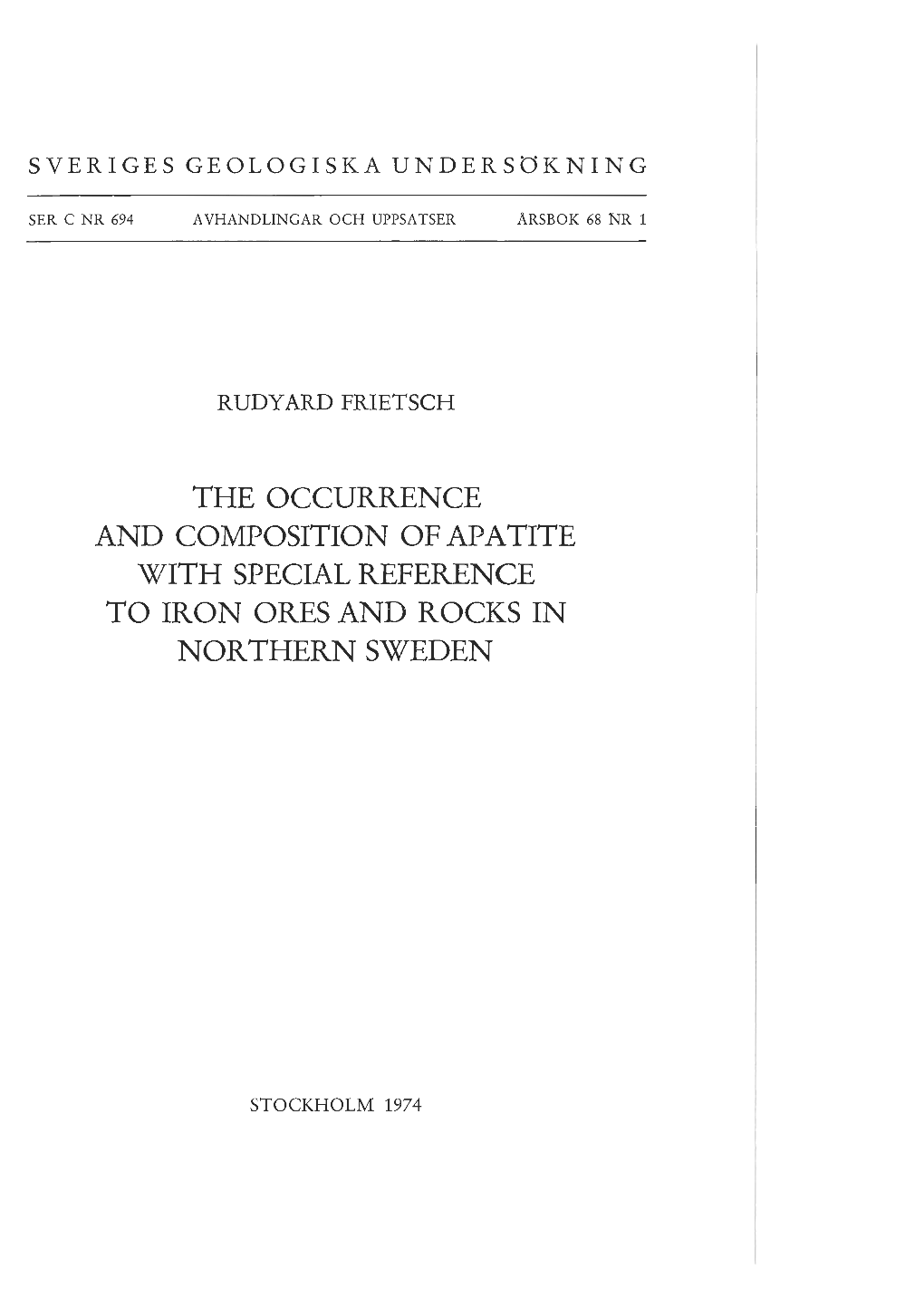 The Occurrence and Composition of Apatite with Special Reference to Iron Ores and Rocks in Northern Sweden