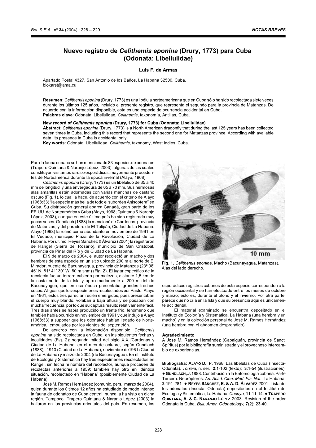 Nuevo Registro De Celithemis Eponina (Drury, 1773) Para Cuba (Odonata: Libellulidae)