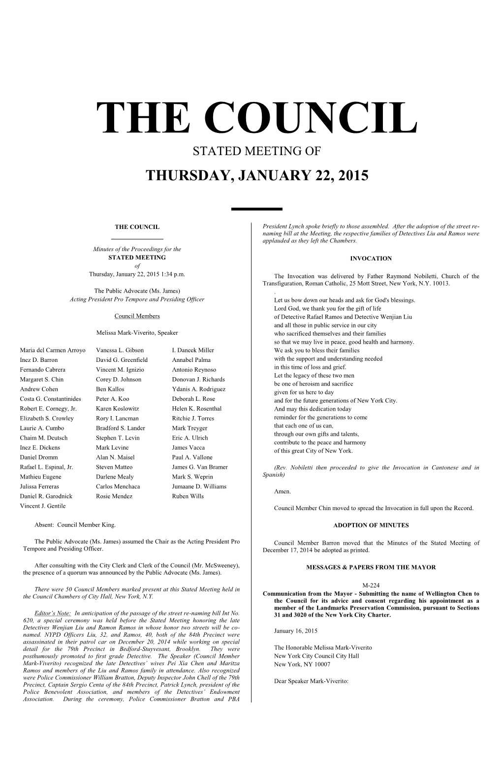 Stated Meeting of Thursday, January 22, 2015