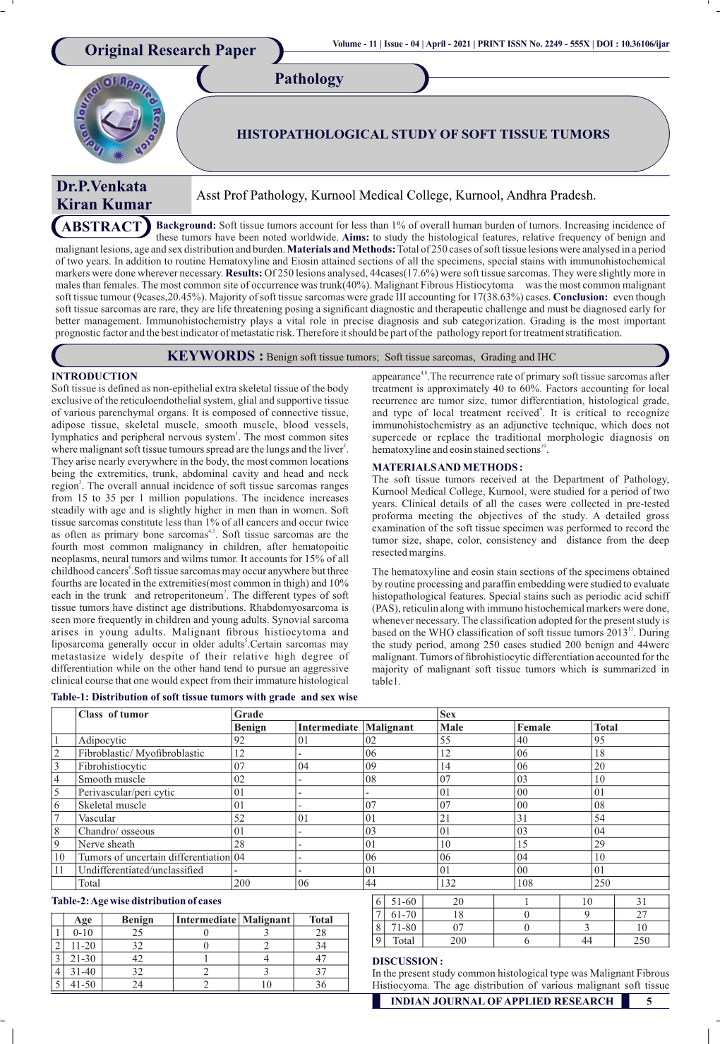 Dr.P.Venkata Kiran Kumar Original Research Paper Pathology