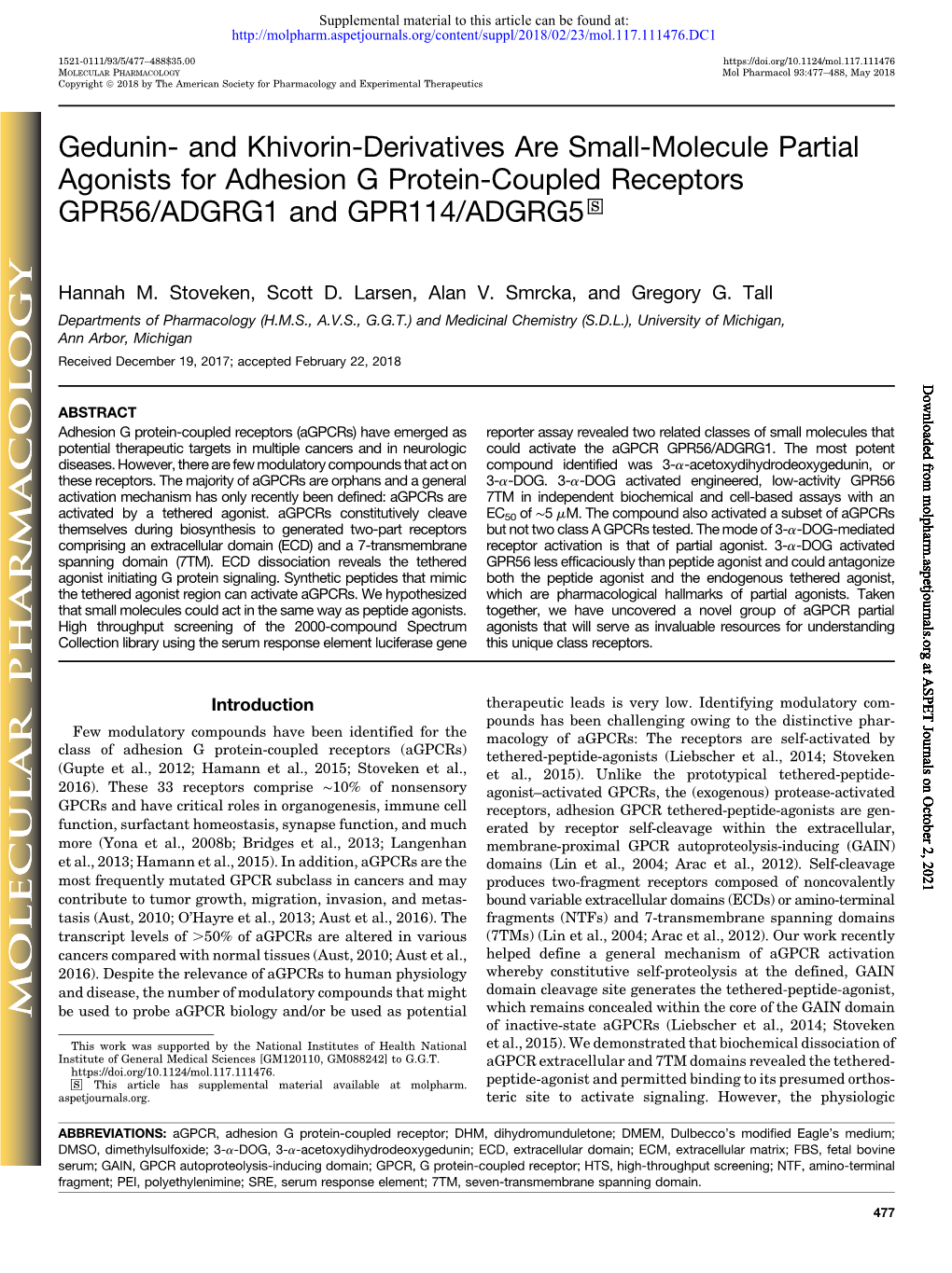 And Khivorin-Derivatives Are Small-Molecule Partial Agonists for Adhesion G Protein-Coupled Receptors GPR56/ADGRG1 and GPR114/ADGRG5 S