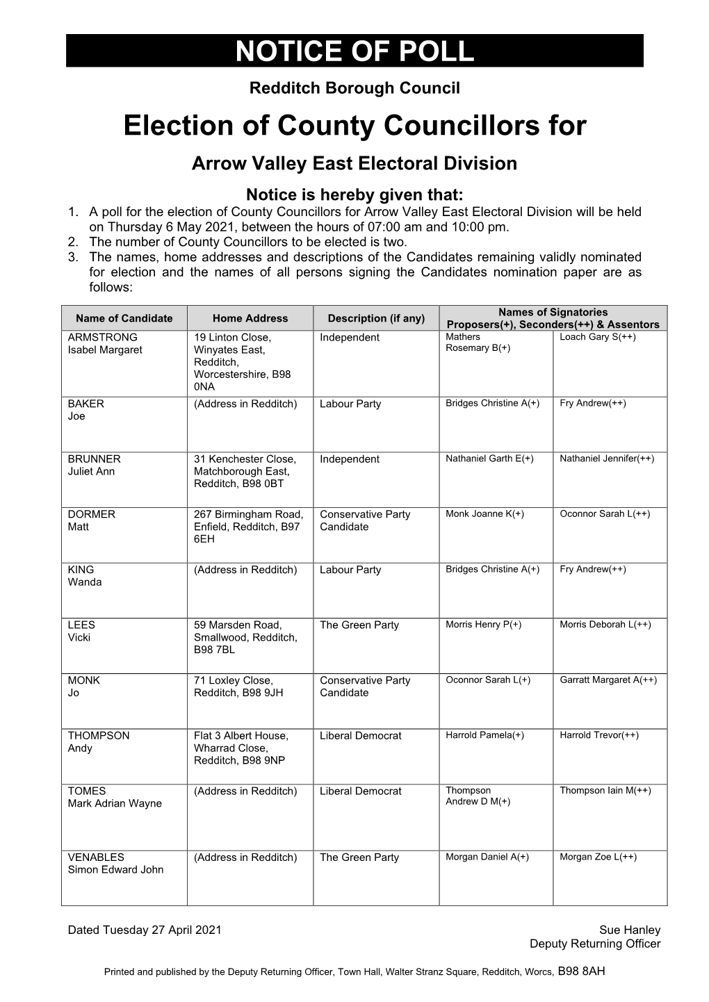 Notice of Poll Redditch 2021