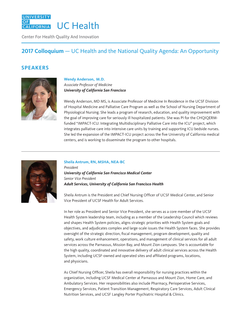 2017 Colloquium — UC Health and the National Quality Agenda: an Opportunity