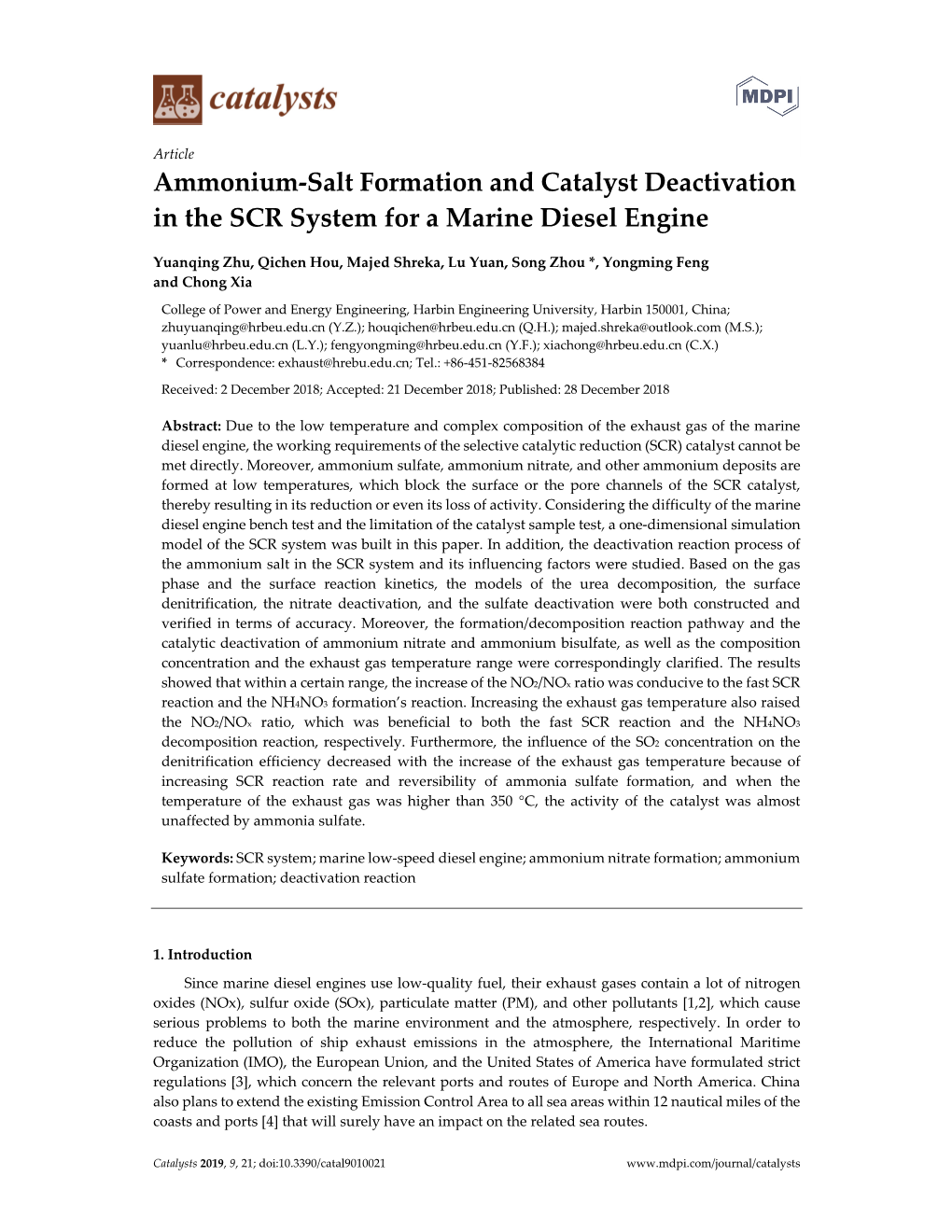 Ammonium-Salt Formation and Catalyst Deactivation in the SCR System for a Marine Diesel Engine