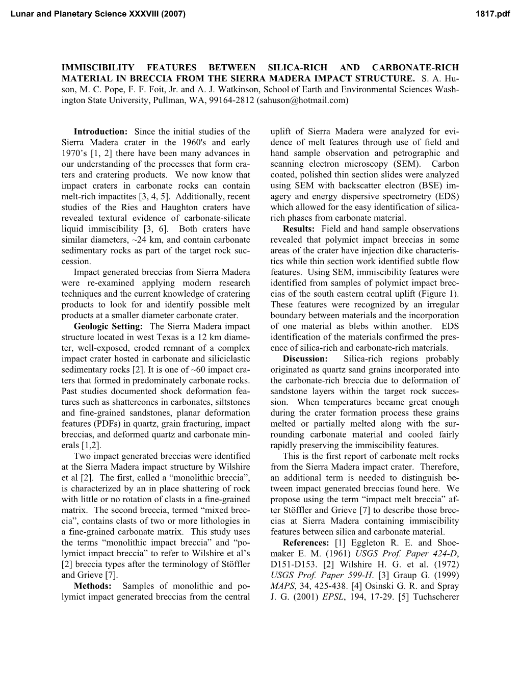 Immiscibility Features Between Silica-Rich and Carbonate-Rich Material in Breccia from the Sierra Madera Impact Structure