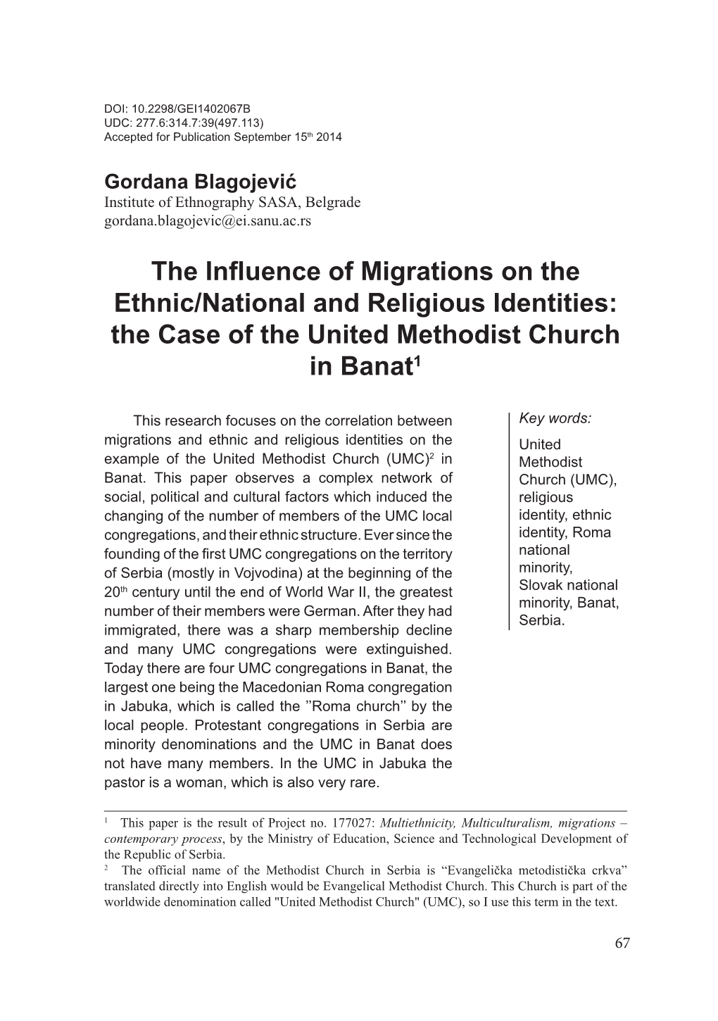 The Influence of Migrations on the Ethnic/National and Religious Identities: the Case of the United Methodist Church in Banat1