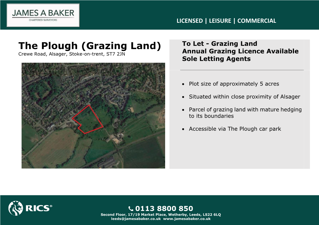 Grazing Land) to Let - Grazing Land Crewe Road, Alsager, Stoke-On-Trent, ST7 2JN Annual Grazing Licence Available Sole Letting Agents