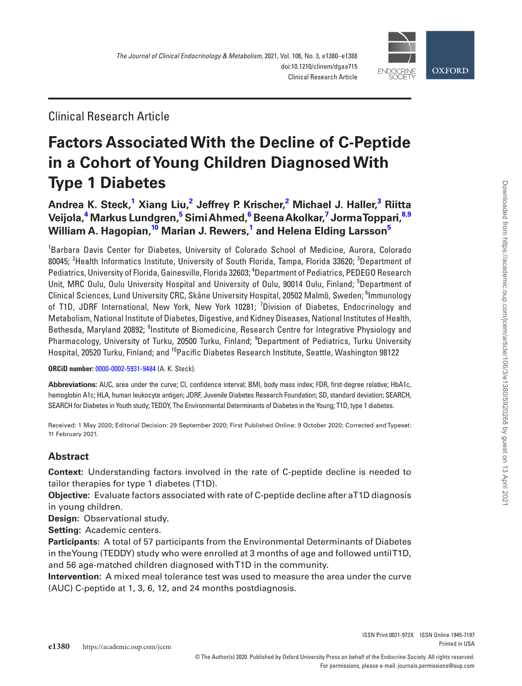 Factors Associated with the Decline of C-Peptide in a Cohort of Young