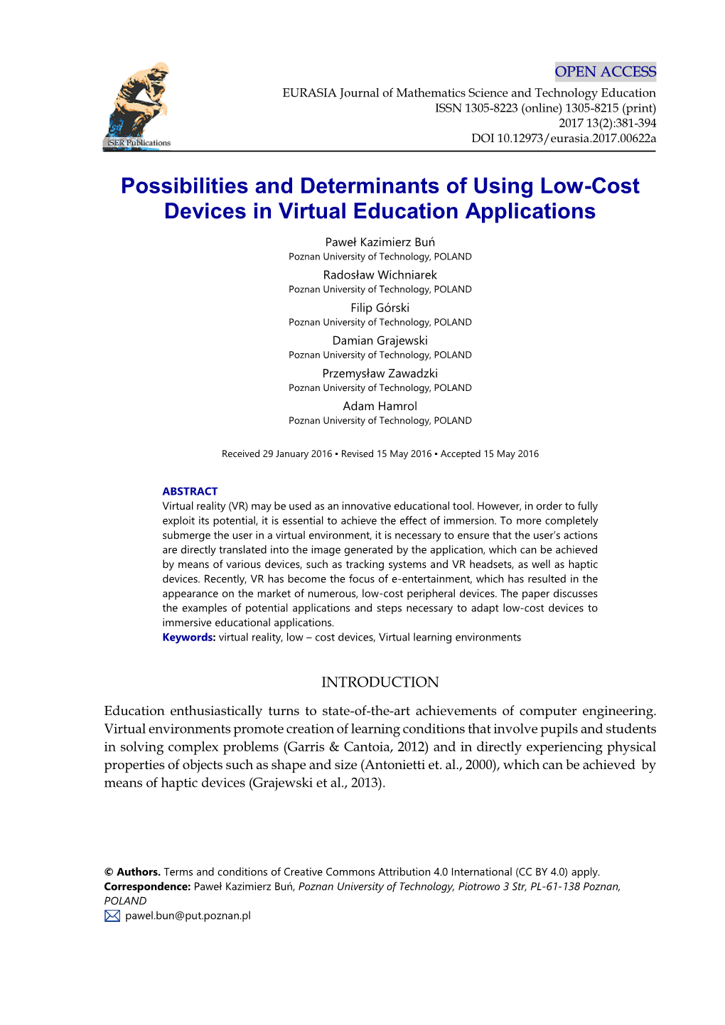 Possibilities and Determinants of Using Low-Cost Devices in Virtual Education Applications