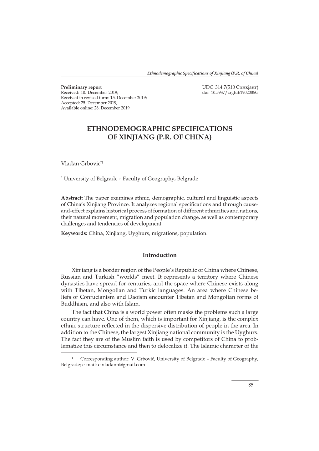 Ethnodemographic Specifications of Xinjiang (P.R