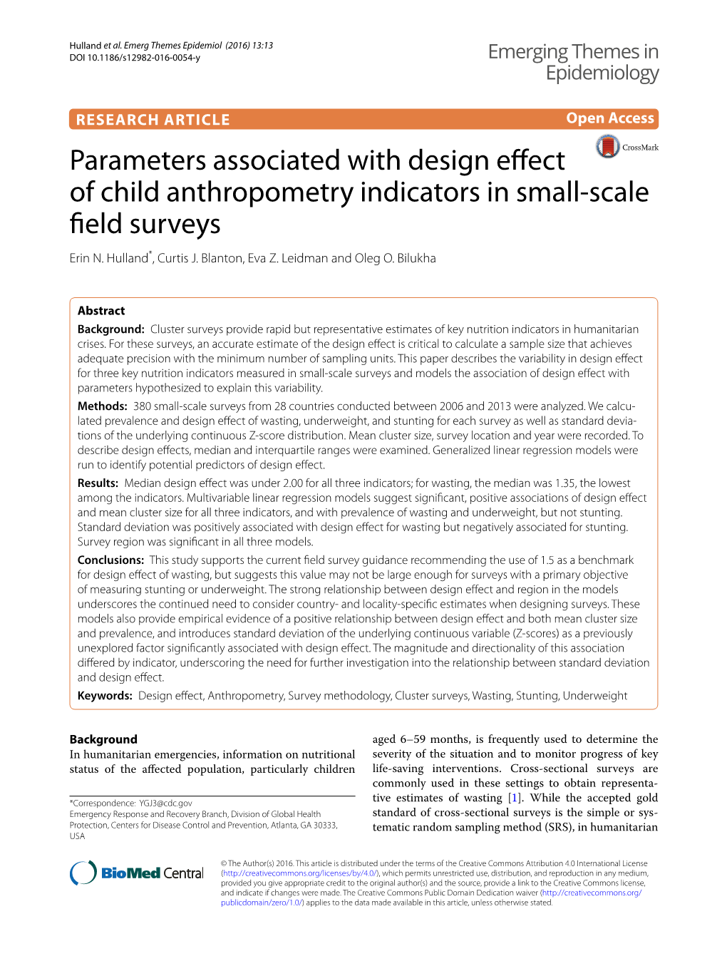 Parameters Associated with Design Effect of Child Anthropometry Indicators in Small‑Scale Field Surveys Erin N