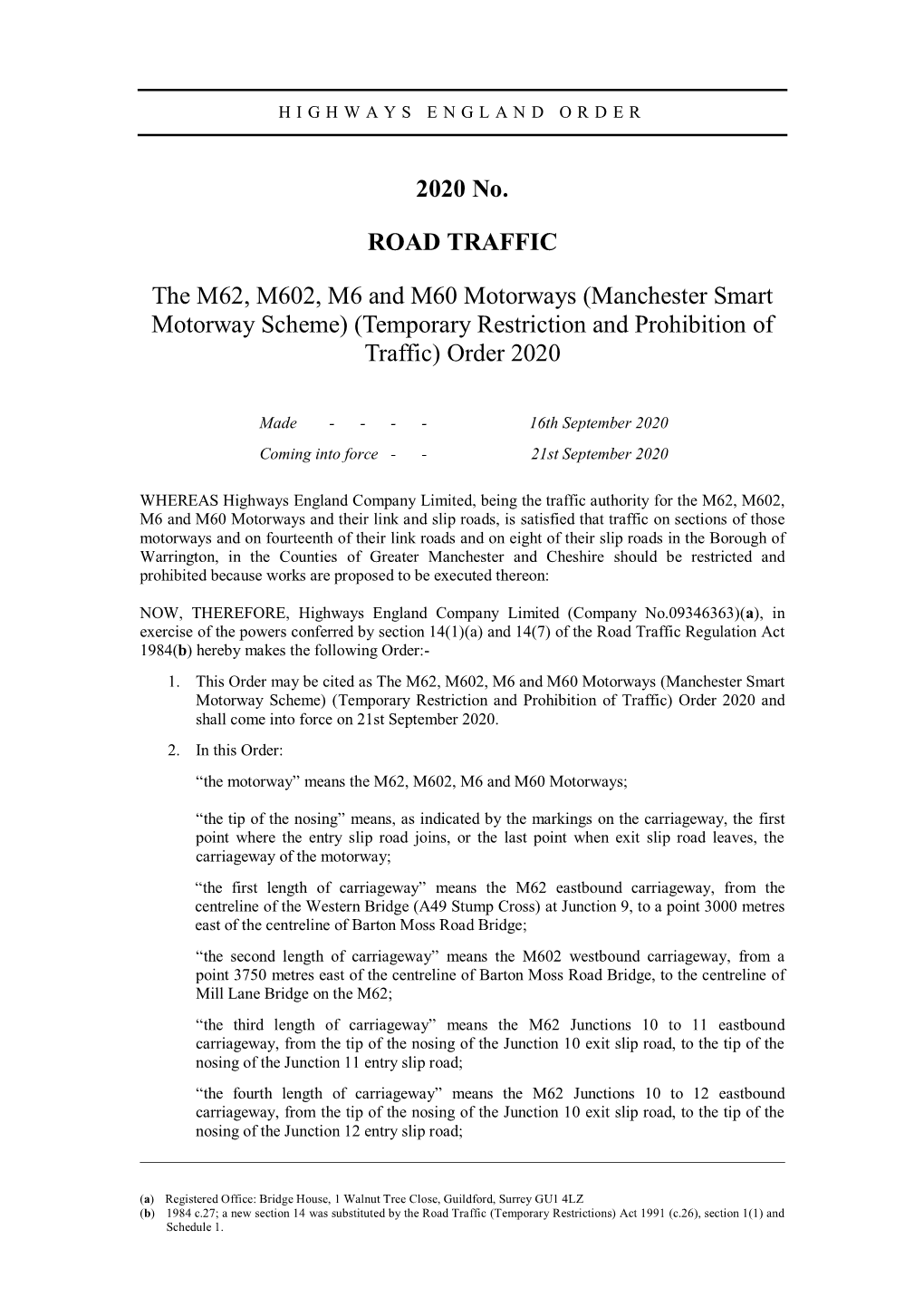 2020 No. ROAD TRAFFIC the M62, M602, M6 and M60 Motorways