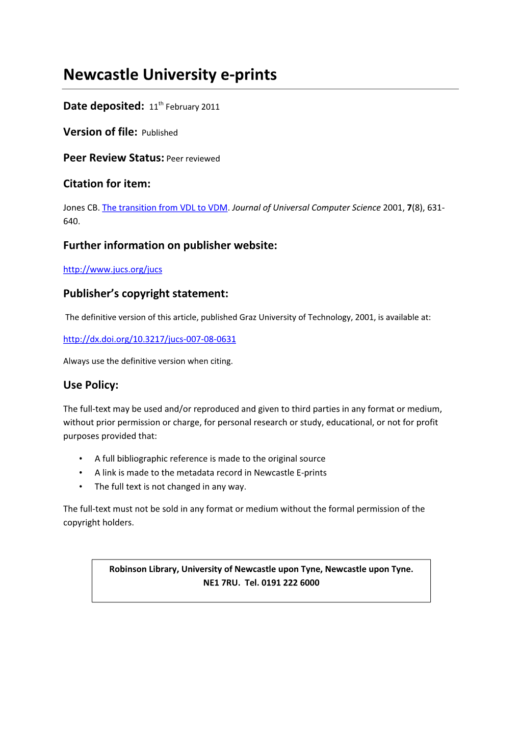 CB Jones Transition from VDL to VDM Cover Sheet