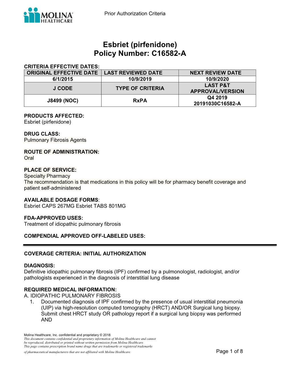 Esbriet (Pirfenidone) Policy Number: C16582-A