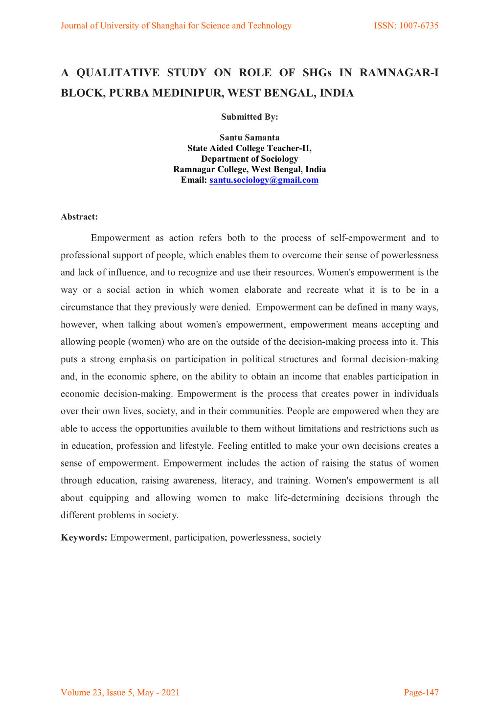 A QUALITATIVE STUDY on ROLE of Shgs in RAMNAGAR-I BLOCK, PURBA MEDINIPUR, WEST BENGAL, INDIA