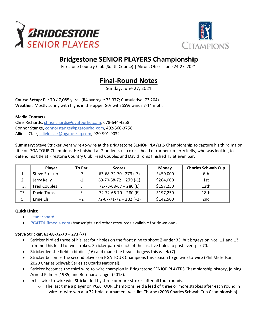 Bridgestone SENIOR PLAYERS Championship Final-Round Notes