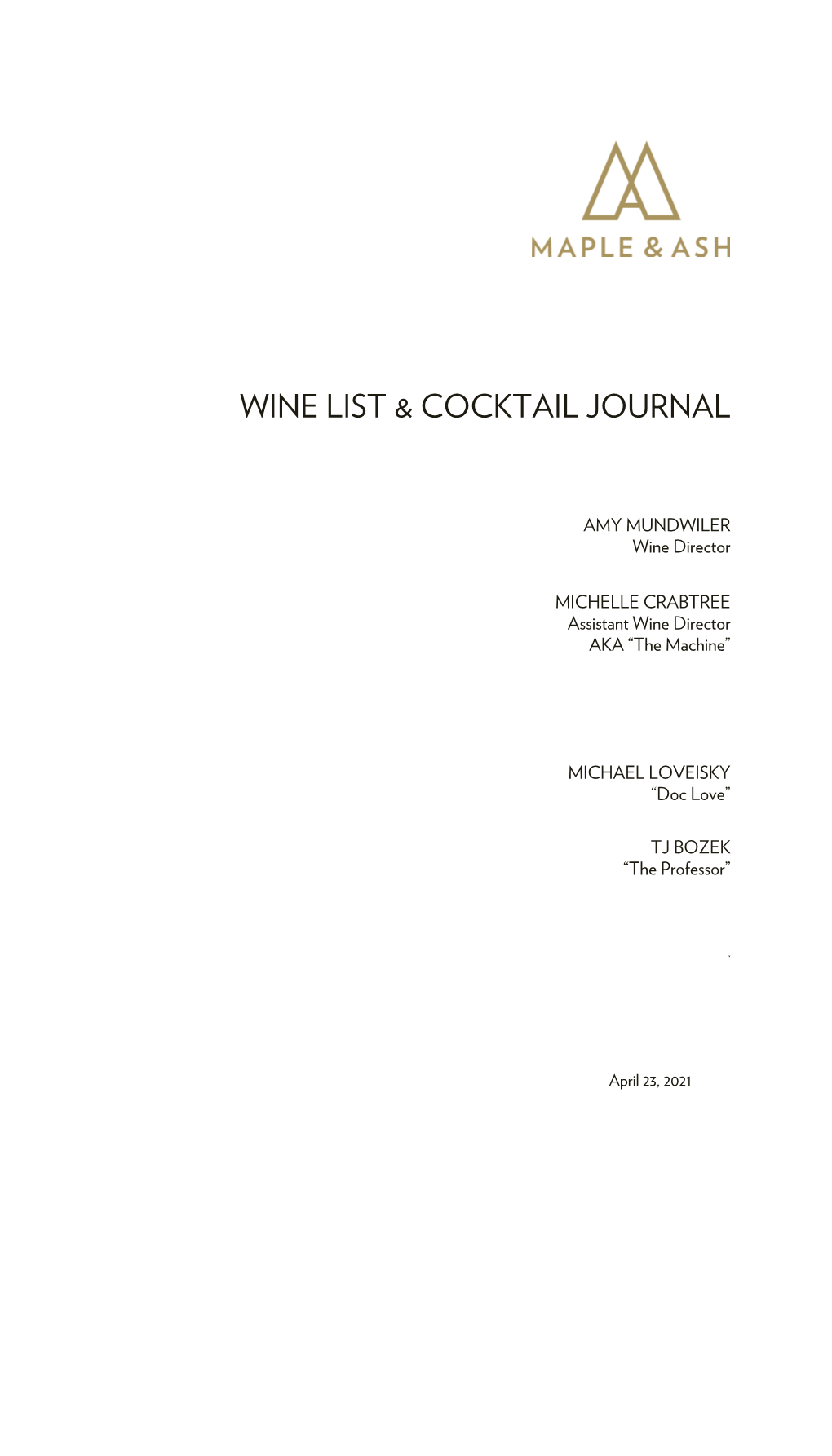 Wine List & Cocktail Journal