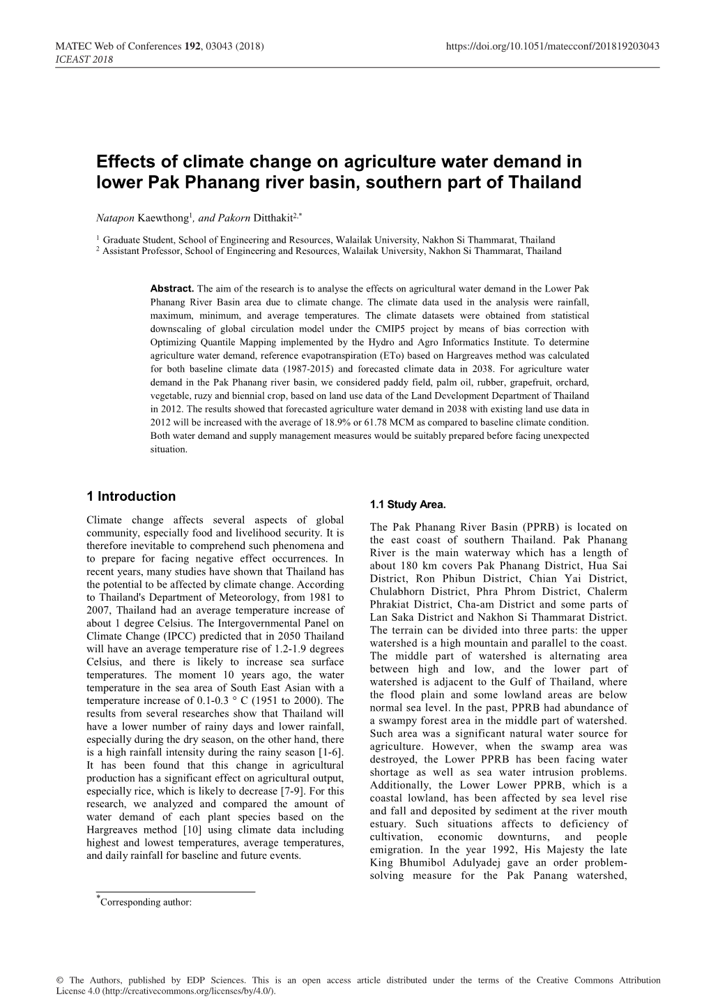 Climate Change on Agriculture Water Demand in Lower Pak Phanang River Basin, Southern Part of Thailand