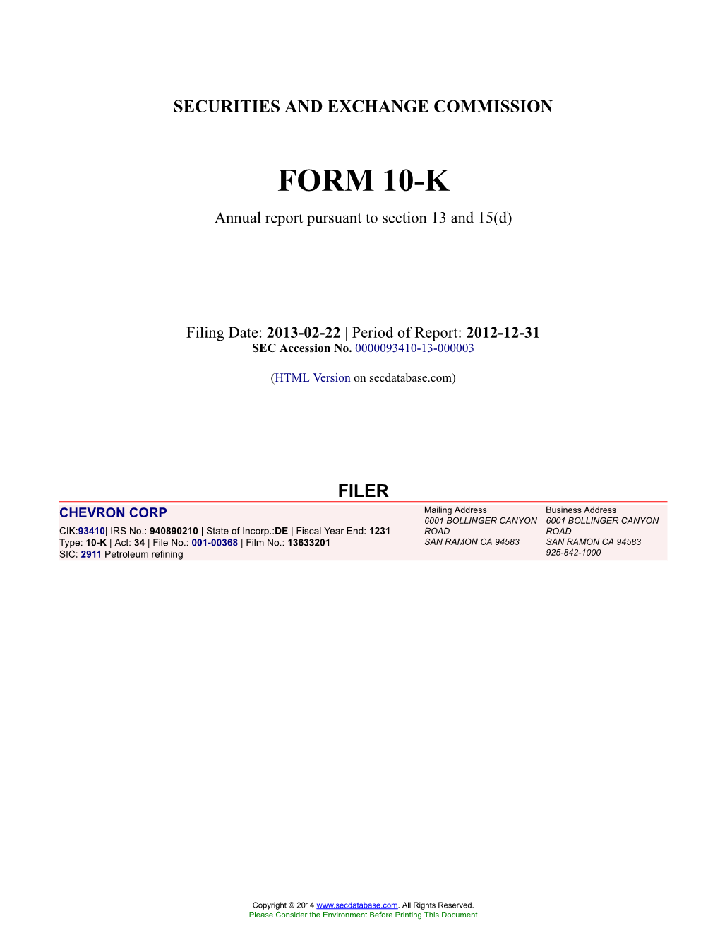 CHEVRON CORP Form 10-K Annual Report Filed 2013-02-22