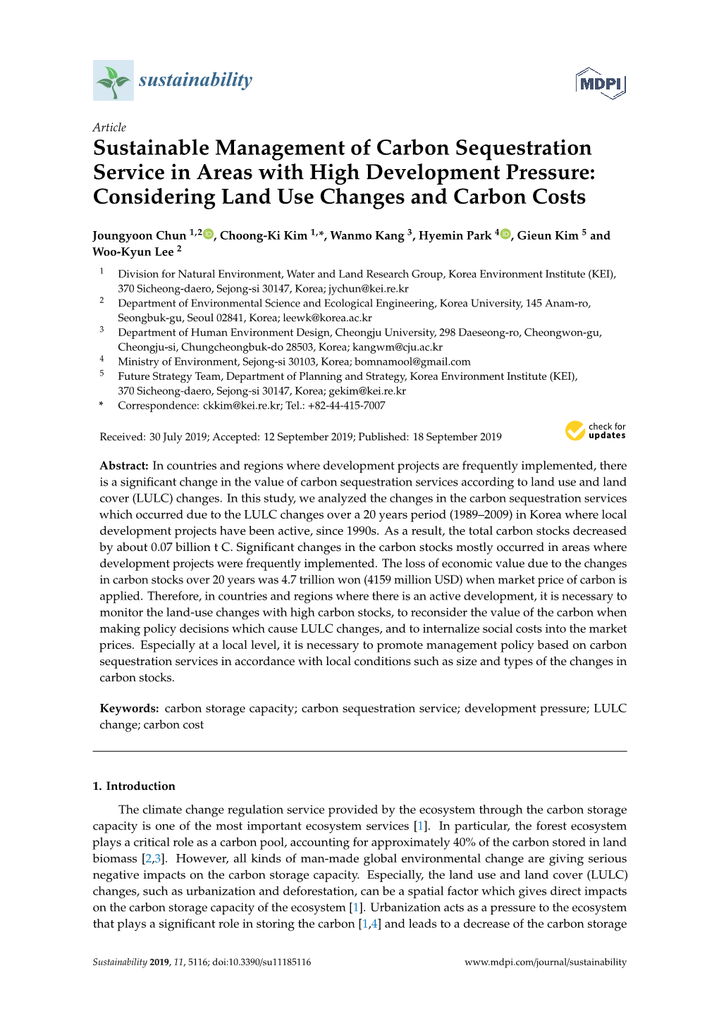 Sustainable Management of Carbon Sequestration Service in Areas with High Development Pressure: Considering Land Use Changes and Carbon Costs