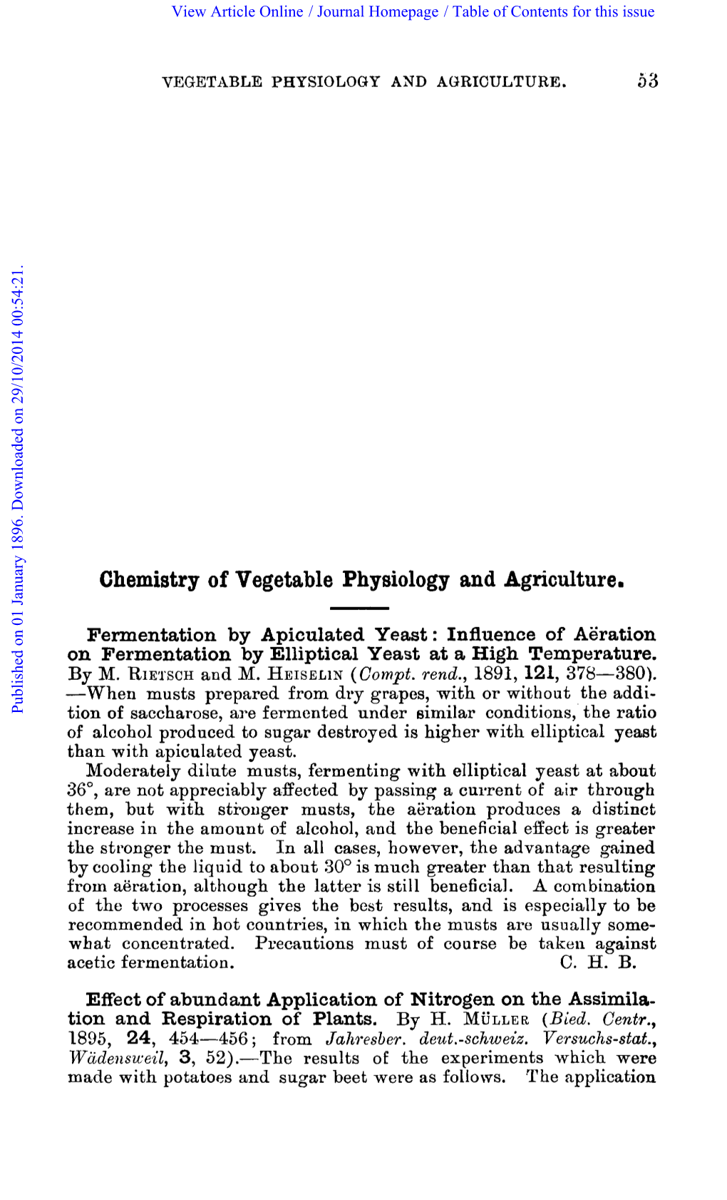 Chemistry of Vegetable Physiology and Agriculture