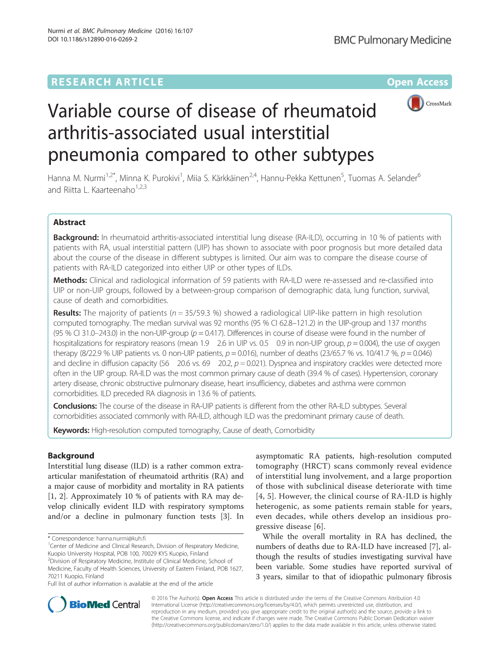 Variable Course of Disease of Rheumatoid Arthritis-Associated Usual Interstitial Pneumonia Compared to Other Subtypes Hanna M