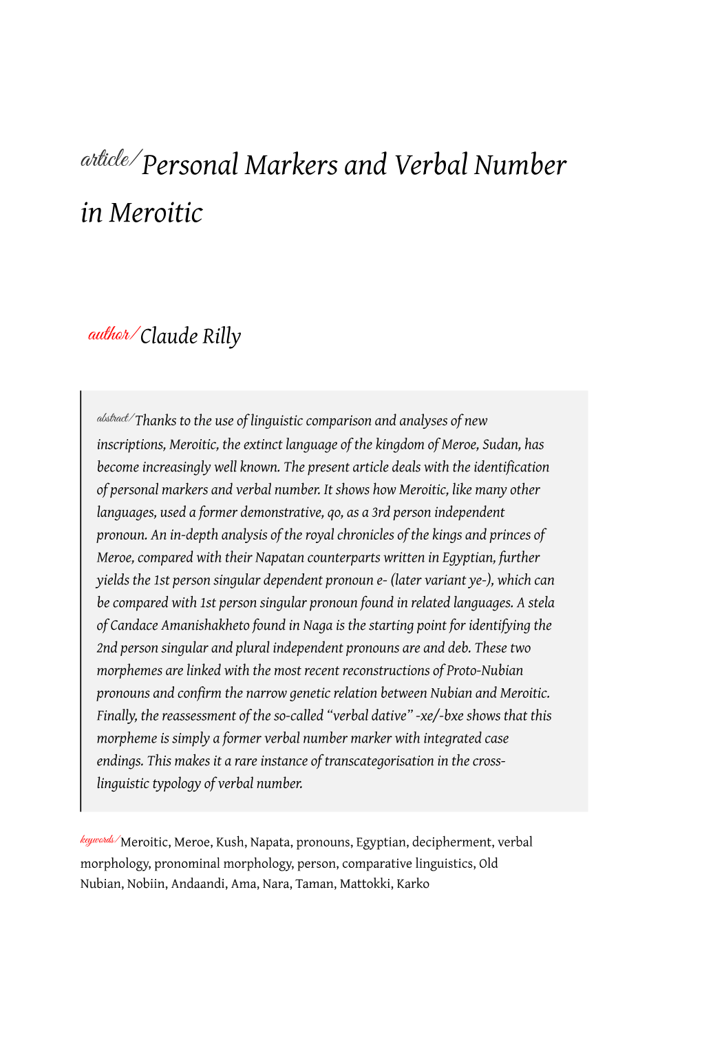 Personal Markers and Verbal Number in Meroitic